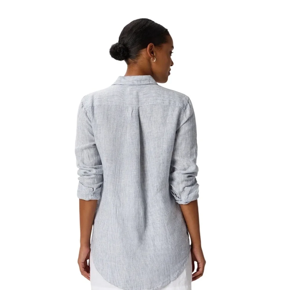 Quince 100% European Linen Pinstripe Button Front Shirt Blue White Womens M $80 - Picture 4 of 10